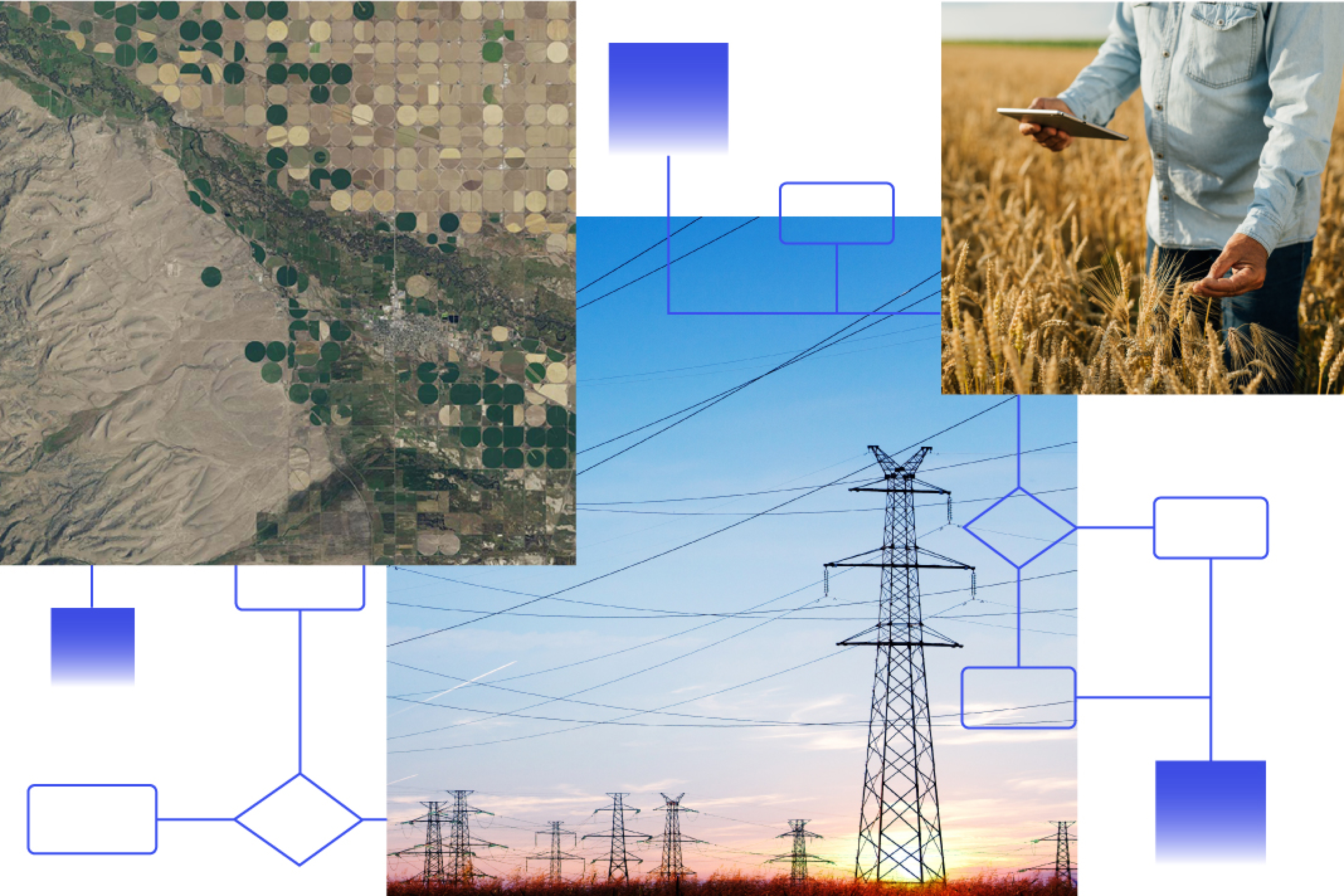 Series of images showing mountainous area with green and yellow dots, a person holding a tablet in a field, and a power grid 