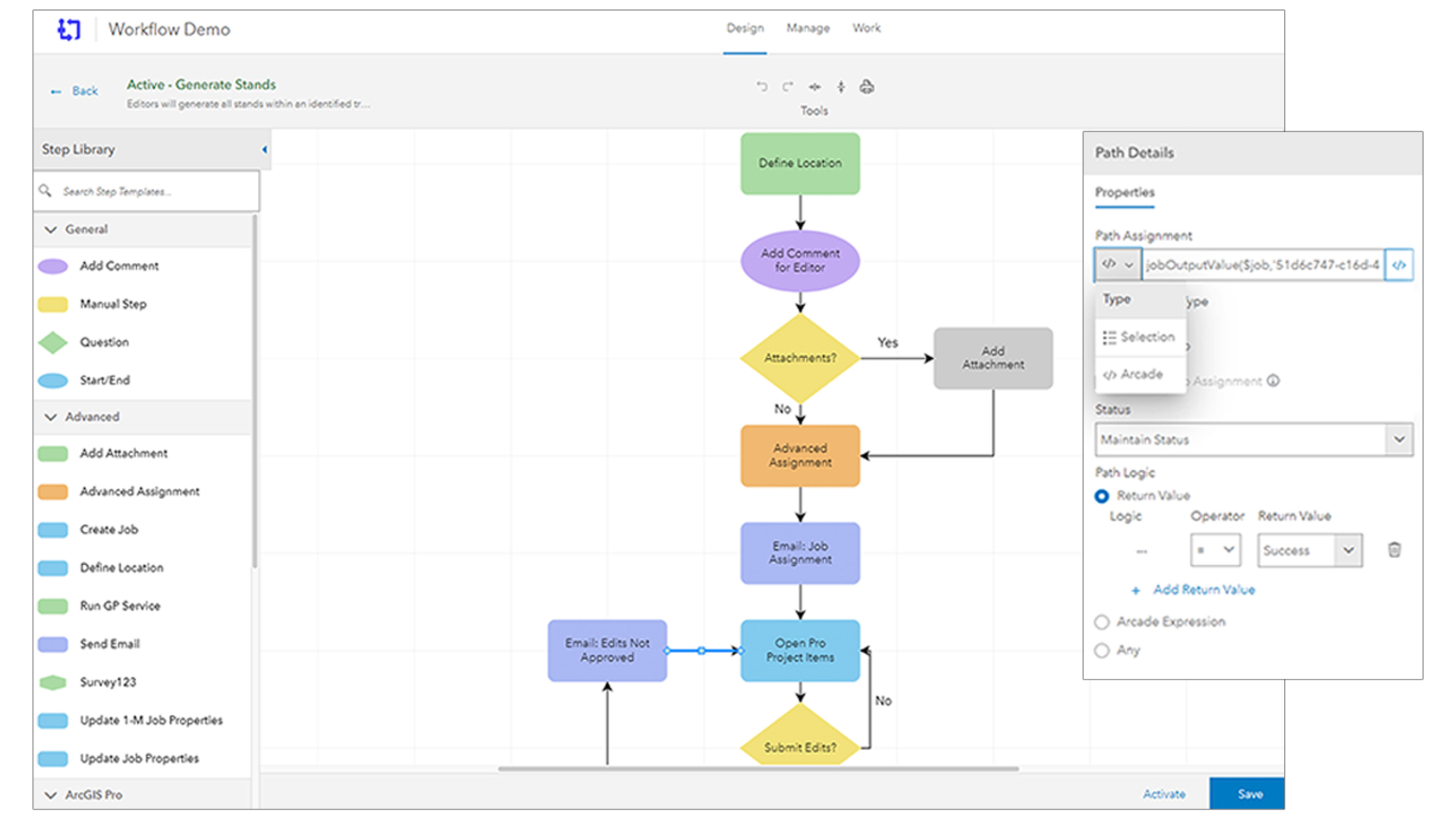A flowchart with multi-colored boxes connected by arrows next to an inset image showing an Arcade expression