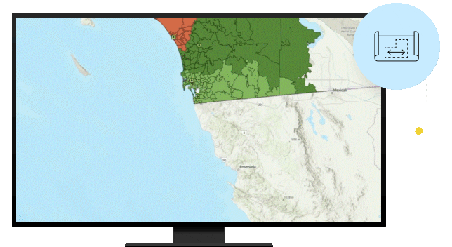 Computer monitor showing map of land and ocean and bar graph with data