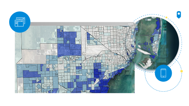 A parcel map with areas highlighted in shades of blue overlaid with graphic elements