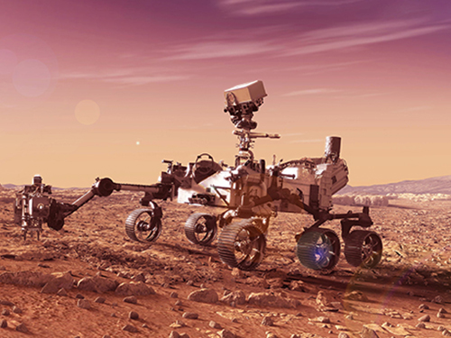 A graphic image in shades of purple and red of a rover on the surface of Mars
