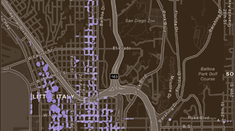 A map dashboard with a road map and various data and lists in white and orange on a brown background