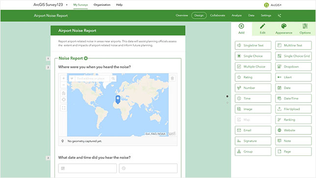 The ArcGIS Survey123 desktop interface displaying a form with a map and a menu pane to the right overlaid with a play button