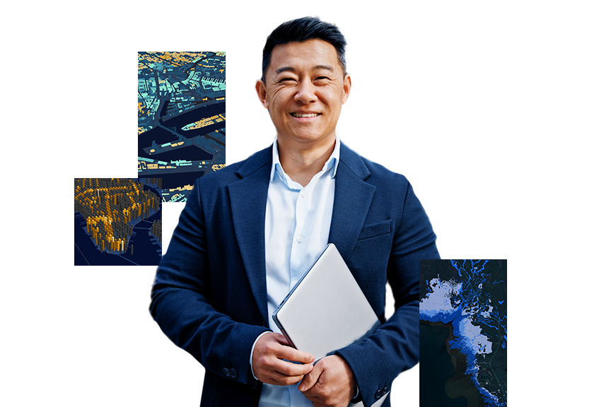 A professional man in a blue blazer holding a silver laptop with 3 inset images of maps