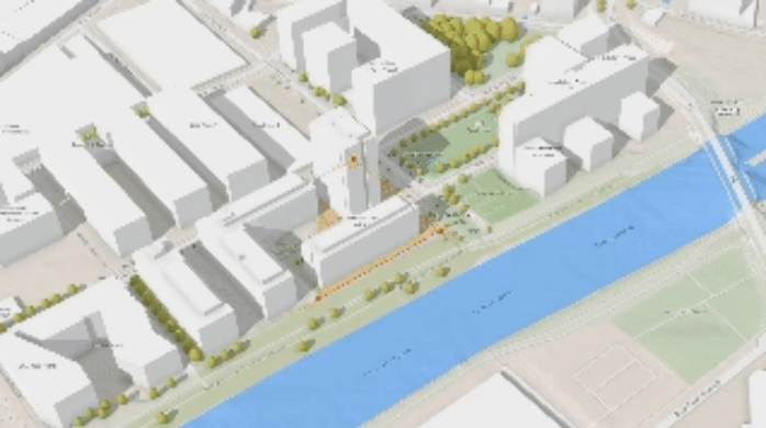 A 3D representation that shows the replacement of a short building with a tall, narrow building on a land plot near a river,A 3D representation that shows the replacement of a short building with a tall, narrow building on a land plot near a river