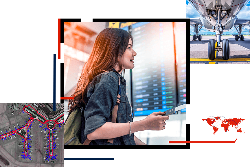 A person holding a passport and airplane ticket in an airport overlaid with a satellite image of airport gates and a photo of the underside of an airplane