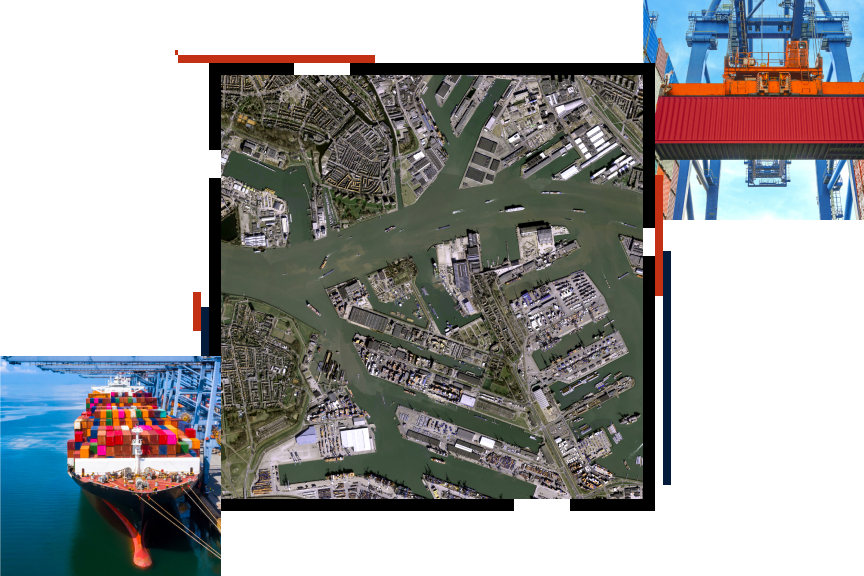 An aerial photo of a busy industrial port surrounded by dull green water and two photos of ships and equipment moving colorful shipping containers
