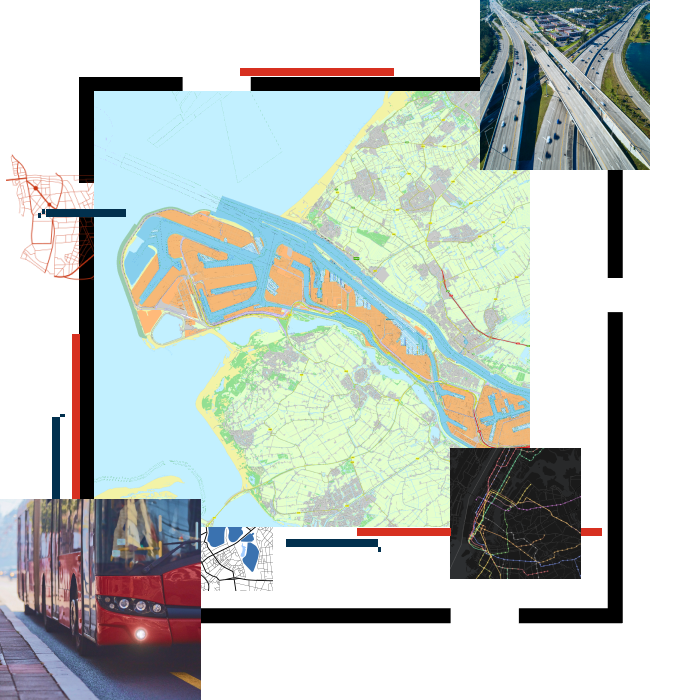 A map of a coastal region with areas shaded orange and blue and several smaller images of a red car, a freeway interchange, an airport, and two area maps