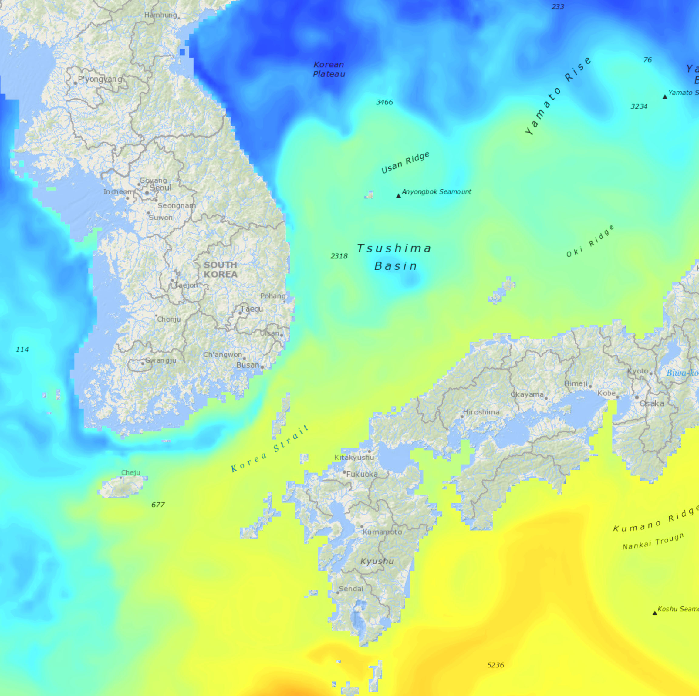 A map of South Korea and Japan shows the waters of the Tsushima Basin and Korea Strait in a yellow, green, and blue gradient
