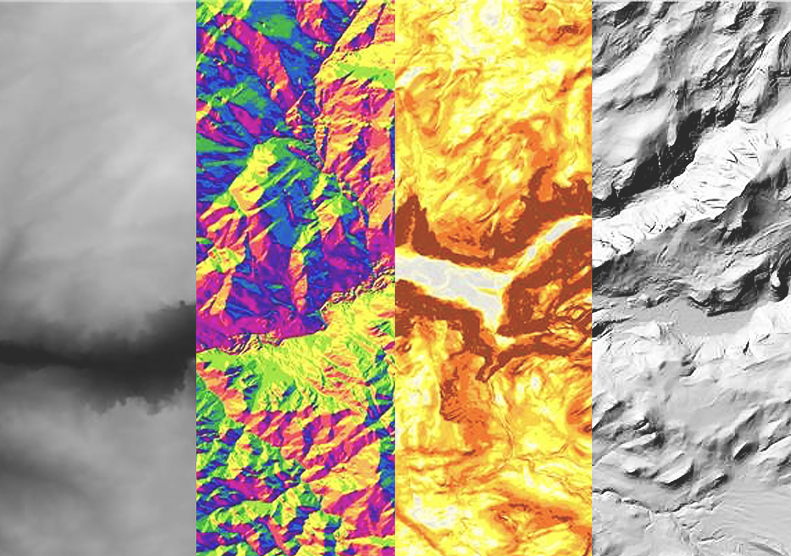 Four panels show the same remote sensing image with different colorways showing multiple interpretations of the sensor data