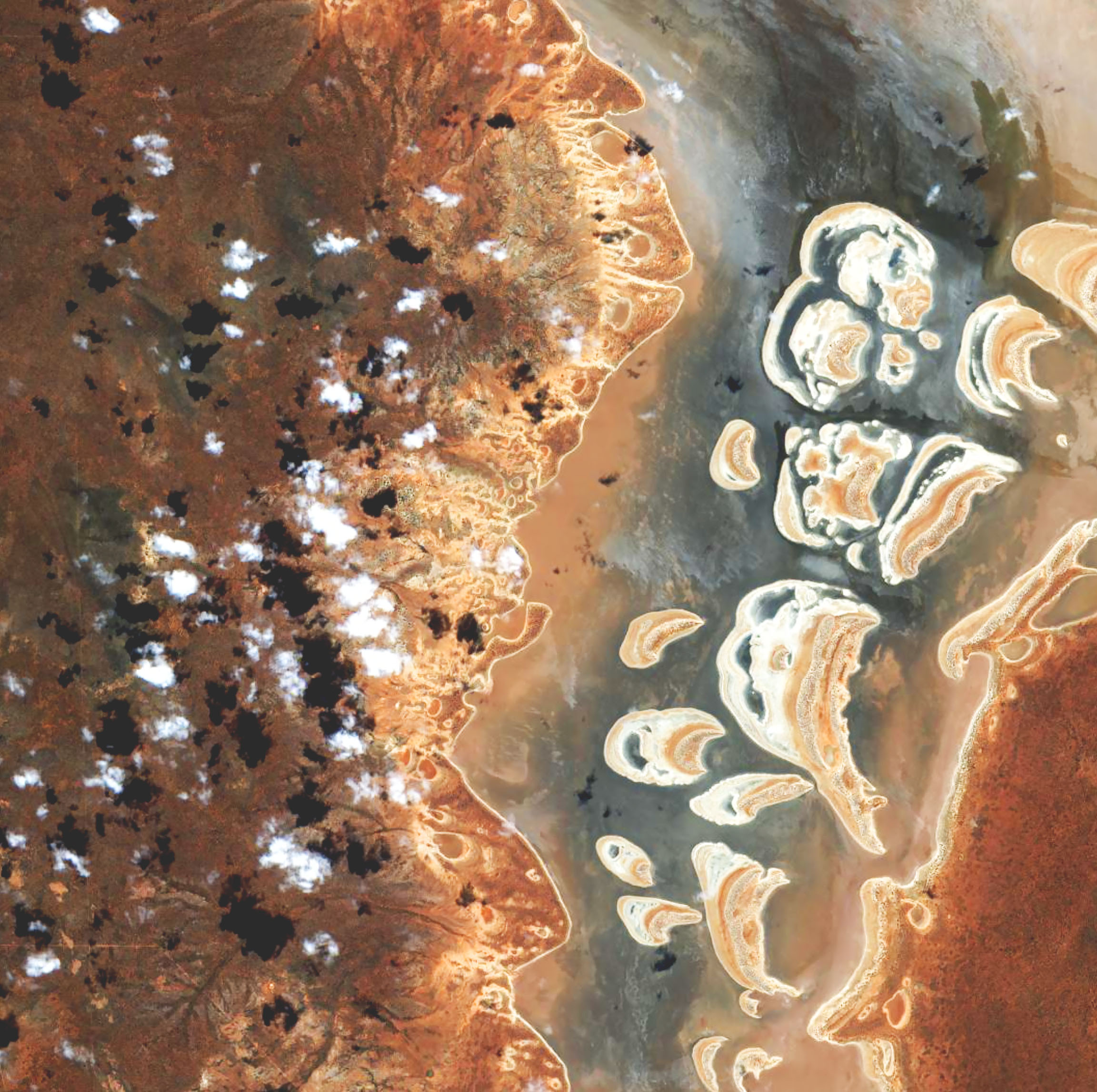 A multispectral satellite image of a waterway shows the coastline in a bright yellow to orange gradient