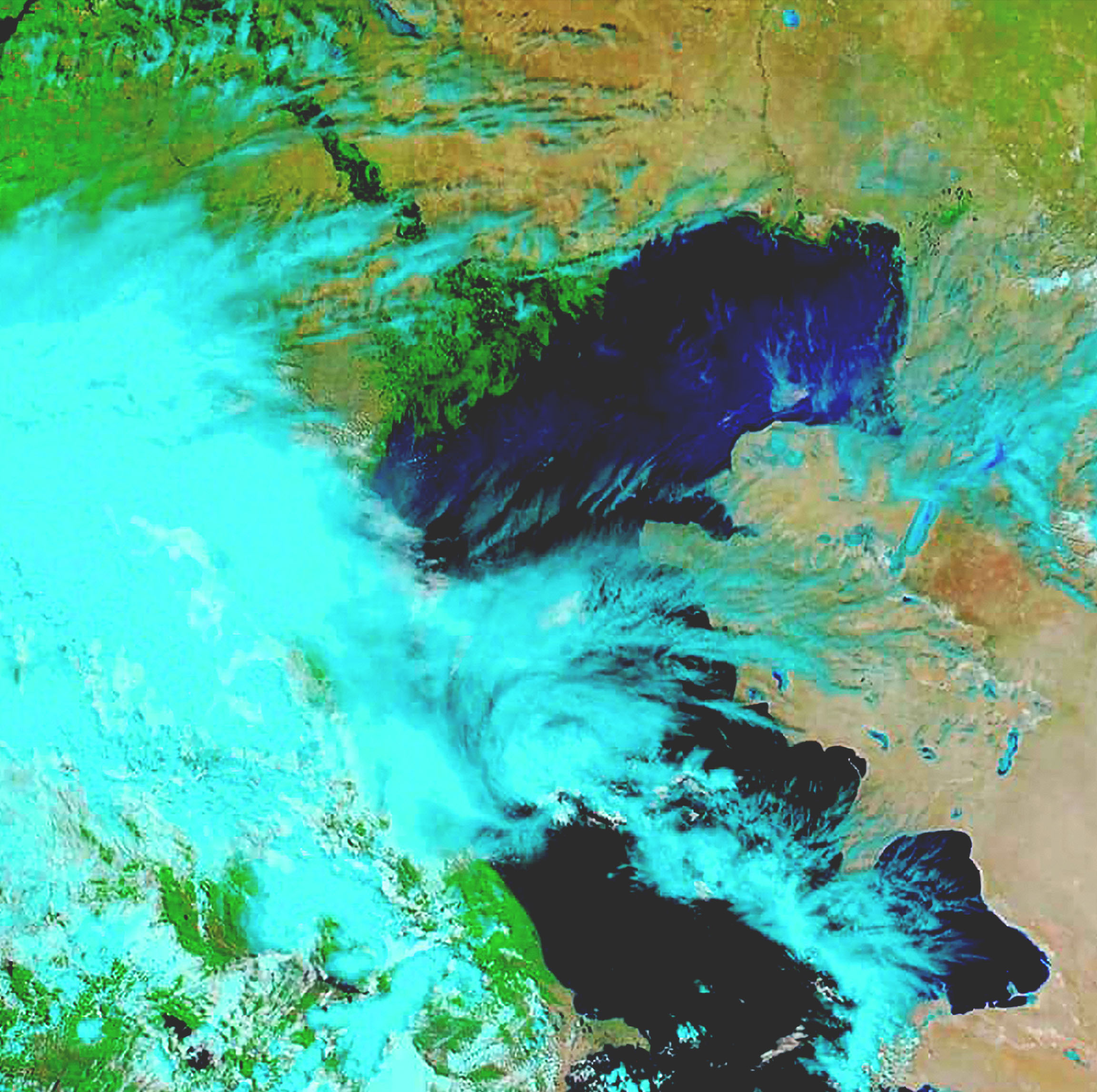 A remote sensing satellite image shows sensor data in gradients of blue, green, and brown