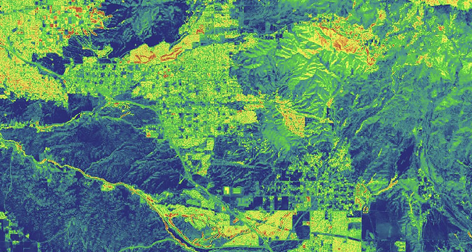Sentinel-2 imagery shows the volume of precipitation in the city of Redlands, California