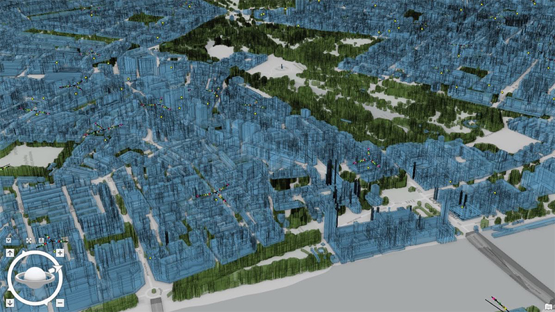 3D representation of an area in Britain showing buildings in green and blue based on network management data,3D representation of an area in Britain showing buildings in green and blue based on network management data