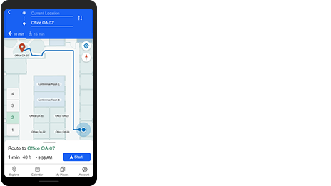 Cell phone showing tracking of security personnel as a blue dot on an indoor map with real-time location.