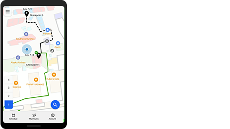 Cell phone with an indoor map showing indoor navigation from one point to another.