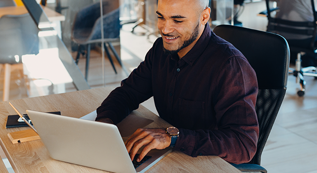 A professional works at a laptop in an office setting.