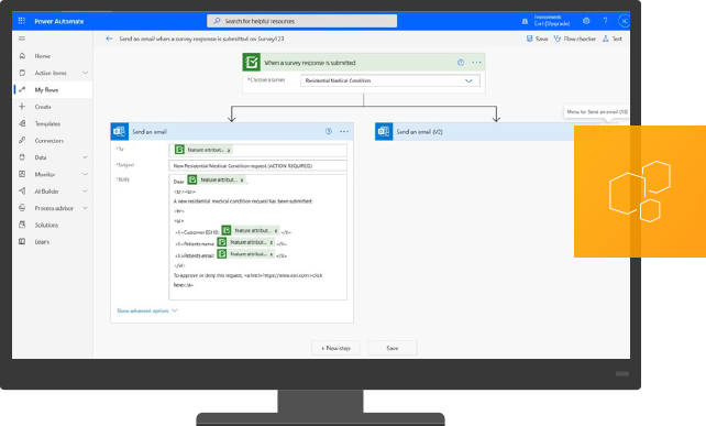 Microsoft Power Automate interface with text prompts for creating and sending surveys next to an orange hexagon icon