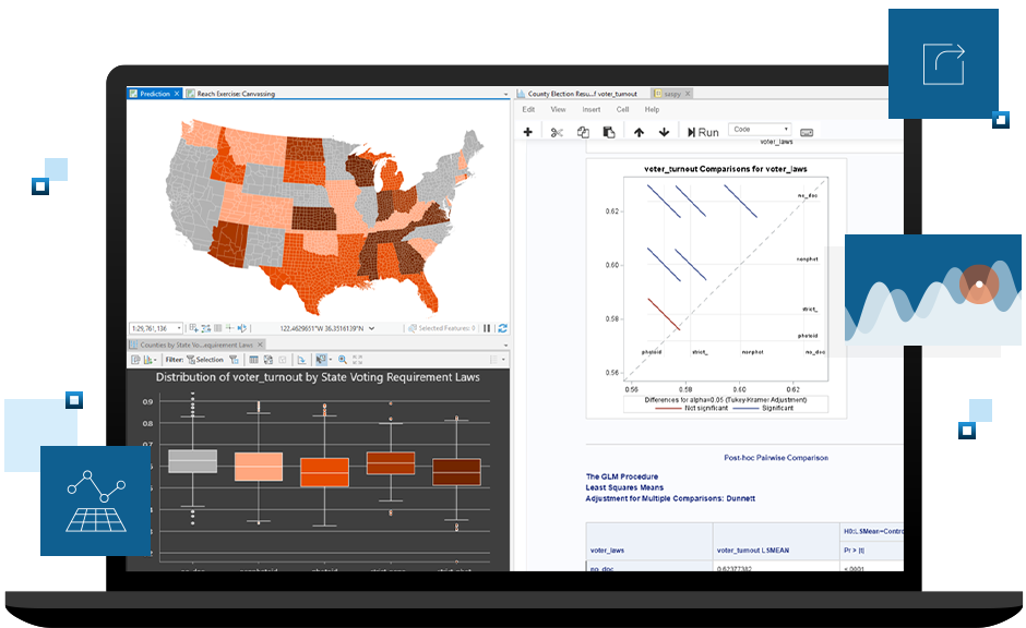 Laptop computer screen showing an orange and grey color-coded United States map and vector chart of voter turnout by state