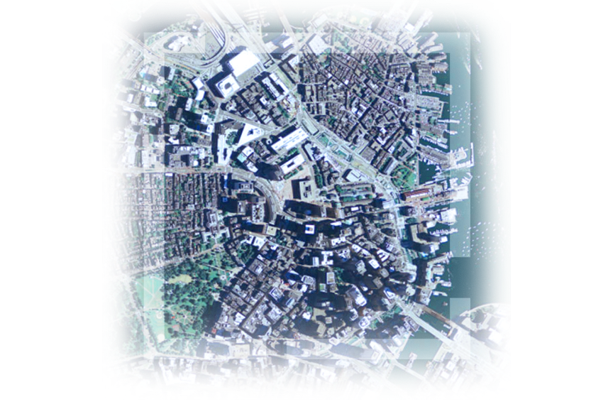 Aerial cityscape image with a translucent square spotlighting a specific area, creating a focal point for attention and emphasis. 