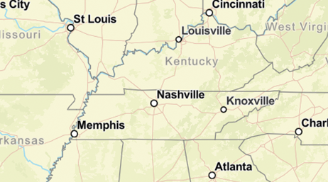 Map of Tennessee, Kentucky, Georgia