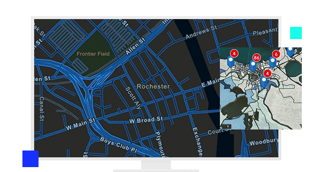 Street grid map with lines in blue