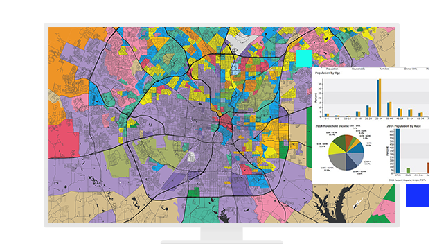 Computer monitor showing multicolored map with bar graph, pie chart, and data