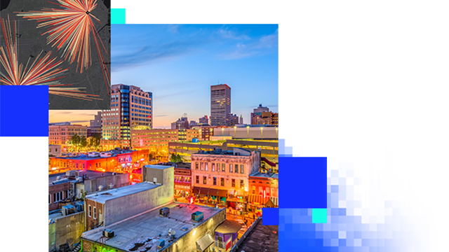 A brightly lit downtown core with tall buildings in the distance overlaid with a burst map displaying distances between two points