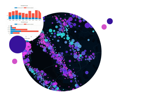 A dark grey map with groups of purple, pink, and blue dots overlaid with a circular image of a bar chart and other graphic elements