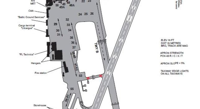 An aerodrome ground movement chart in gray and black with numerical and textual data