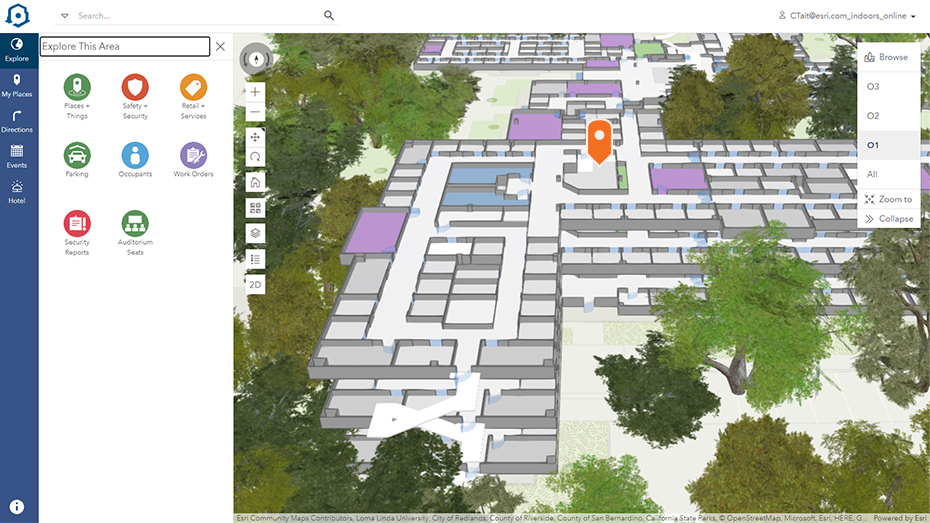 Indoor map of a campus with areas highlighted in gray and blue and an orange GPS arrow next to a popup window of round icons