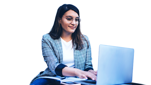 Woman wearing glasses working on a laptop next to a digital indoor map with blue and orange circles