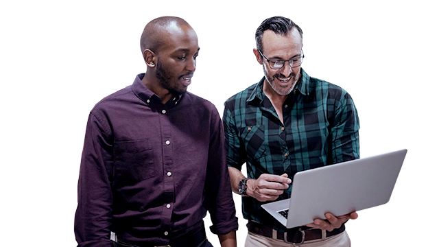 Two men walking and looking at a laptop next to an indoor map illustration with blue buildings and orange GPS arrows