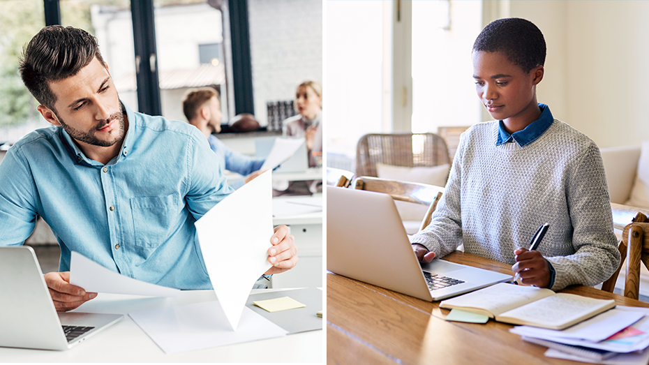 A side by side image of a man working in an office and a woman working from a home office