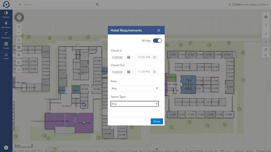 An indoor map of a building with offices designated in squares and a popup window with text that says hotel requirements 
