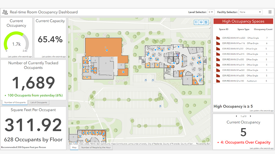 A dashboard showing metrics including numerical data and an aerial view of a digital map with buildings and green trees