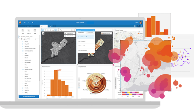A laptop displaying an analytics dashboard with integrated maps overlaid with charts and other graphic elements