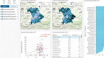 Blue colored map with statistics and graph