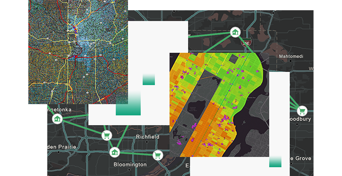 Three digital maps including one with routes highlighted in green and another with routes highlighted in red and yellow 