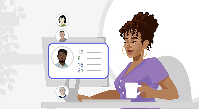 A stylized graphic of a smiling person using a computer workstation superimposed with icons representing individuals connected in an organization