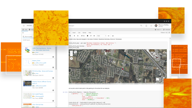 Python code shown in ArcGIS notebook in a map