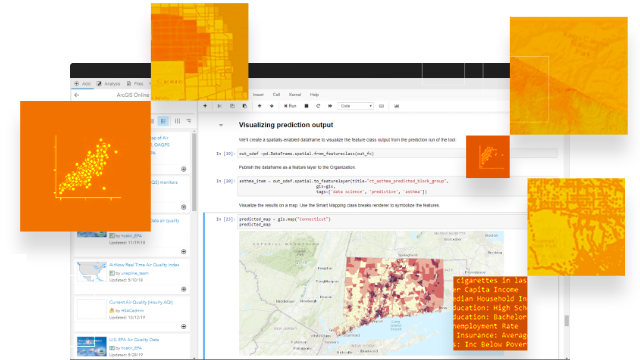 A computer display of a green area map with a list of analysis options, overlaid with several small maps, graphs, and bits of code shaded yellow and orange