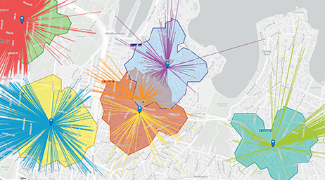 A map highlighting different regions in different colors with map markers at their centers and bursts expanding outwards