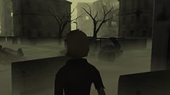 Illustrated image of person looking out destroyed city