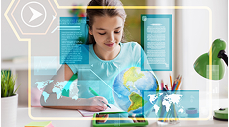 Young girl at a desk writing in a notebook and looking at a tablet with an overlayed illustration of a globe and a world map