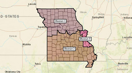 A beige and green map of Kansas, Kentucky, and Tennessee with a highlighted region showing the words district 1, 2, and 3 