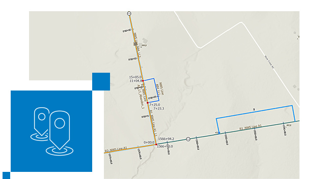 Beige map showing two perpendicular routes with numeric measure values next to a blue image of two GPS arrows