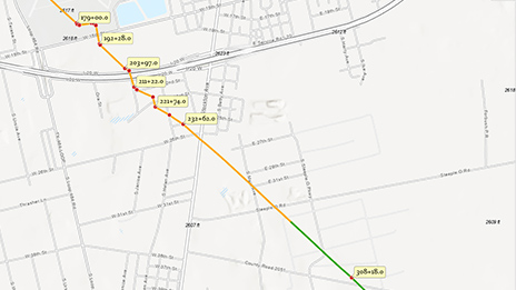 A street map with one long red line with data points
