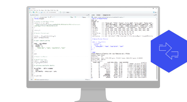 A computer monitor displaying lines of code overlaid with a blue hexagon with two arrows pointing in different directions