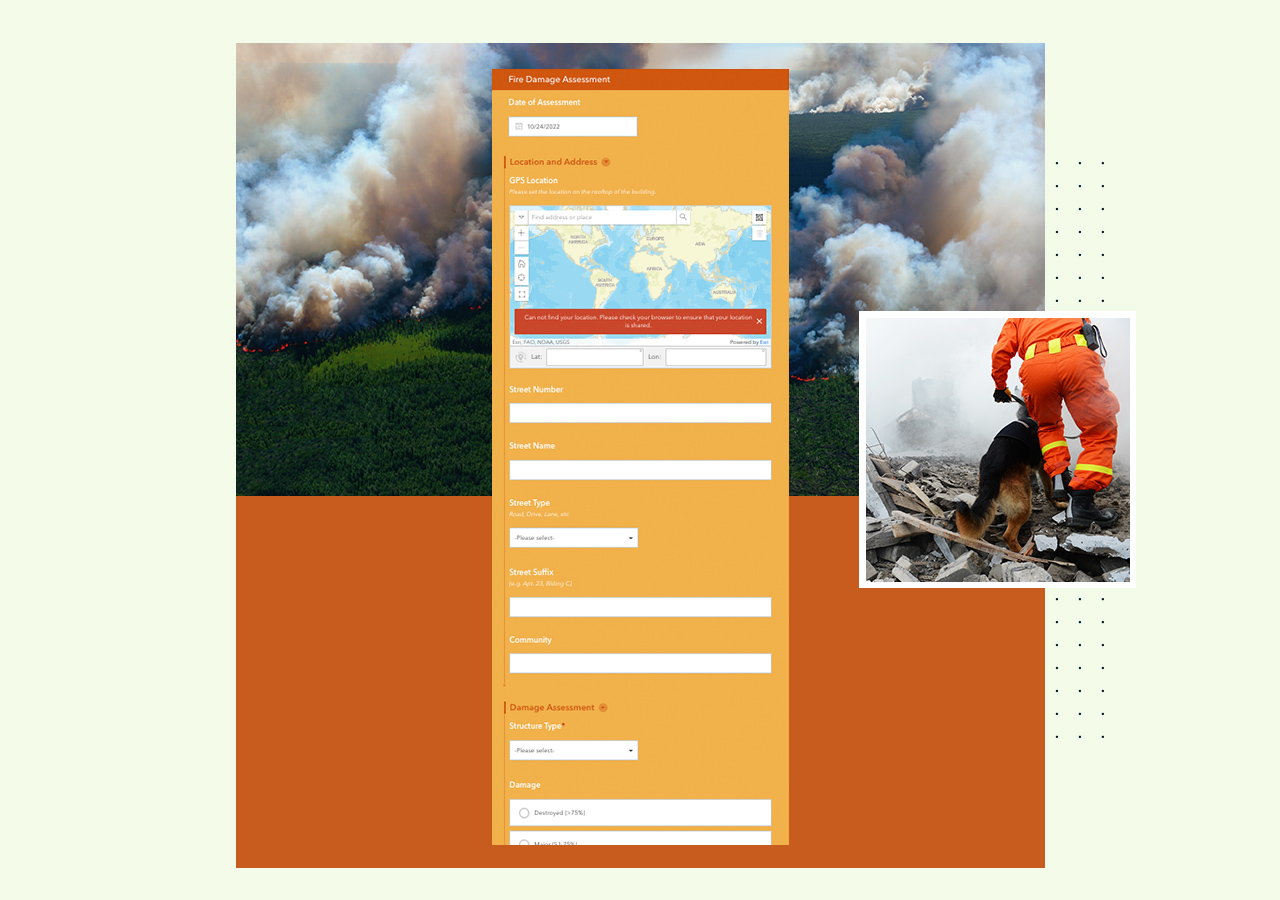 A digital form for fire damage assessment with text and a world map near an inset image of fireman and dog assessing damage 